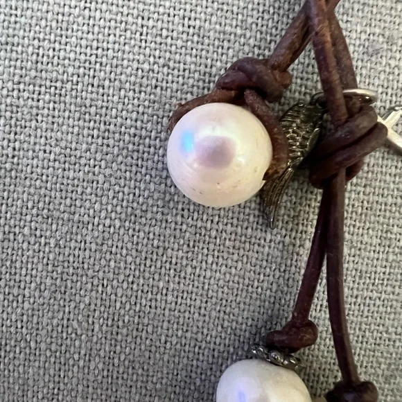 Genuine Brown Leather and White Pearl w Cross w Feather Necklace - Picture 3 of 6